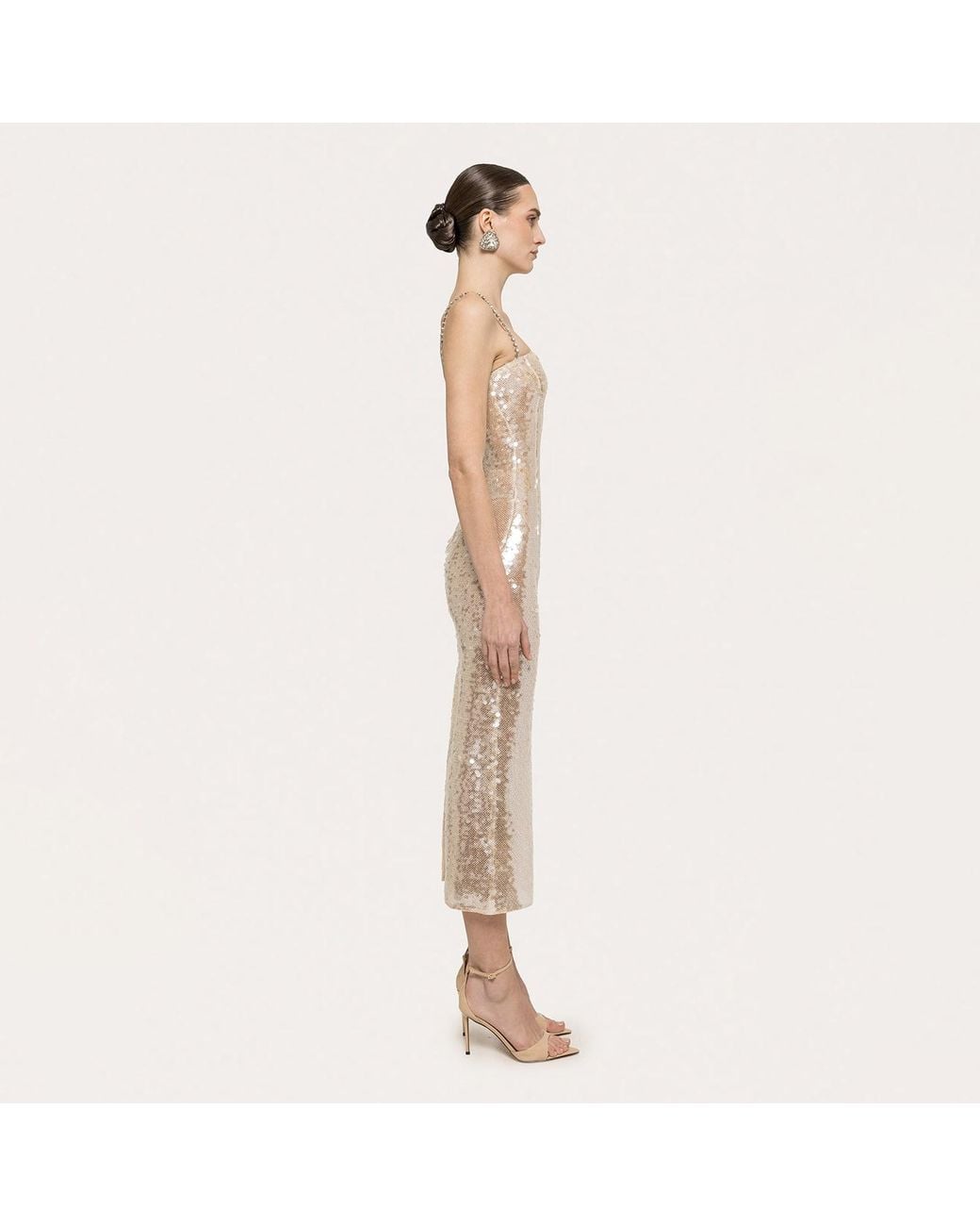 Nissa Natural Neutrals Sequined Midi Dress Cream