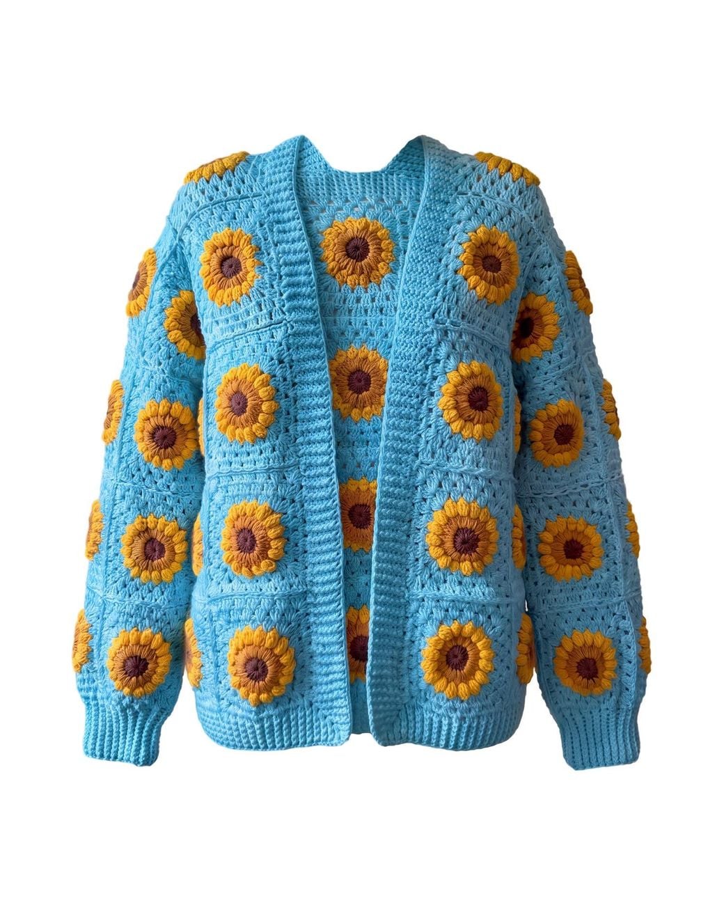 Ana Chic Blue Sunflower Granny Square Handmade Crochet Cardigan