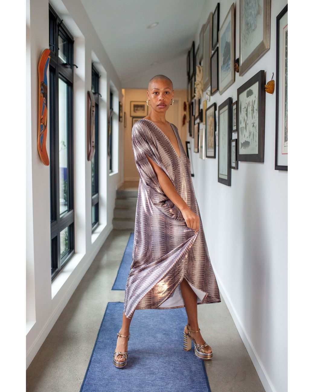 Jennafer Grace Gray Slither Metallique Caftan Kaftan Dress