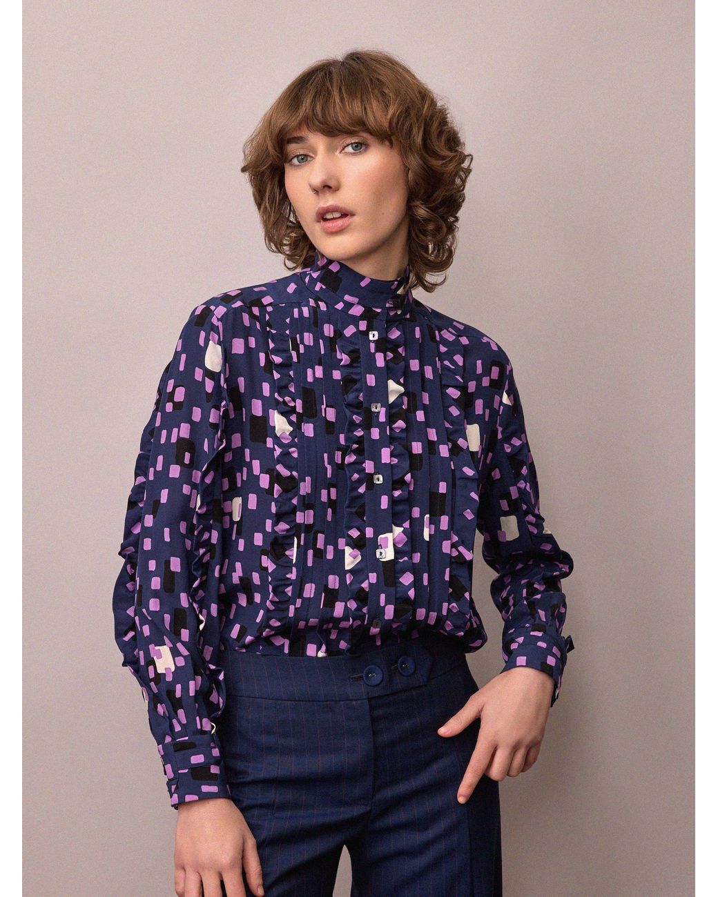 Amanda Thompson Couture Blue Frankie Shirt Abstract Silk Print