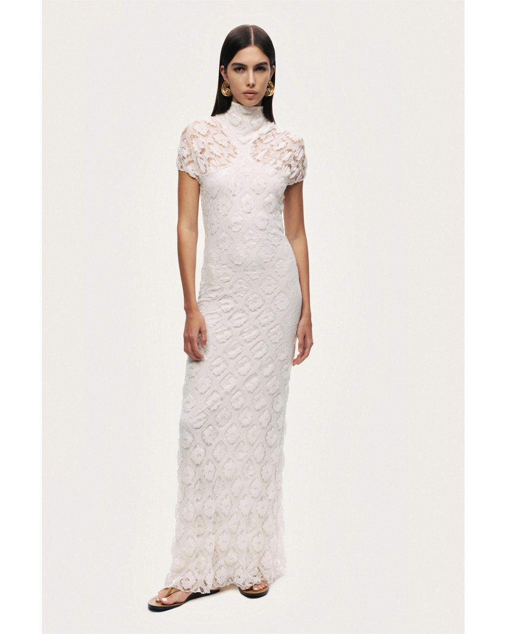 Nocturne White High-Neck Lace Maxi Dress