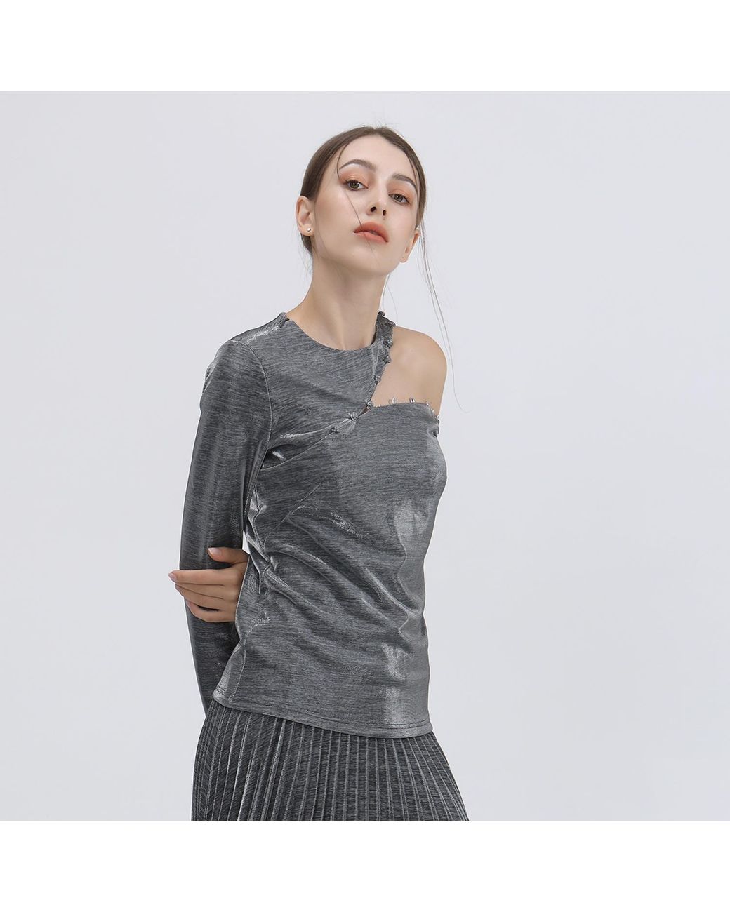 Smart and Joy Gray Asymmetric One Off-Shoulder Shiny Top