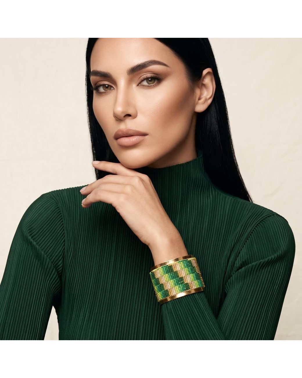Iliana Arrazola Green Minimalist Deconstructed Cuff Bracelet, Glass Beads, Beaded Jewelry