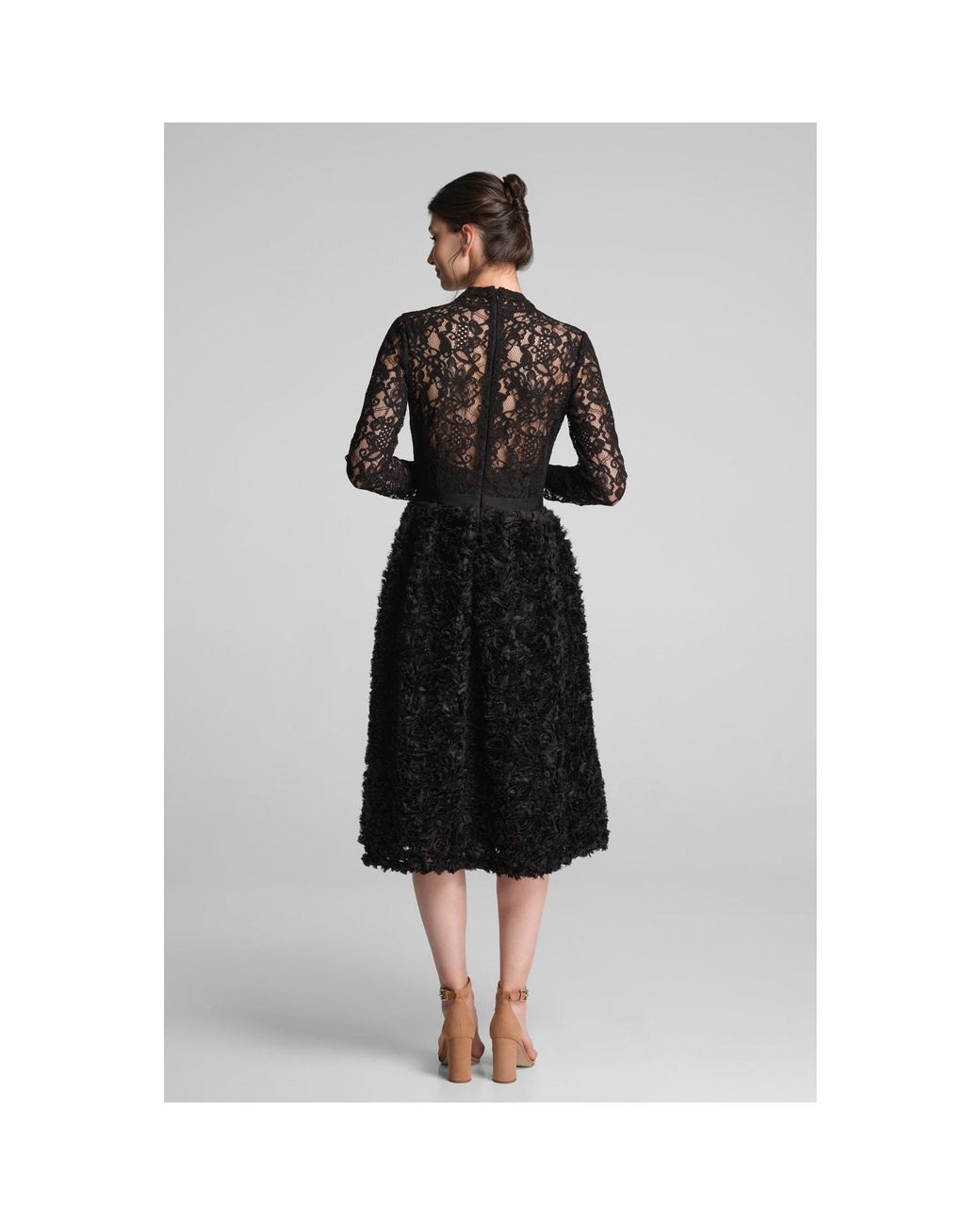 Rumour London Black Grazia Midi Dress With Lace Bodice And Ruffled-Tulle Skirt