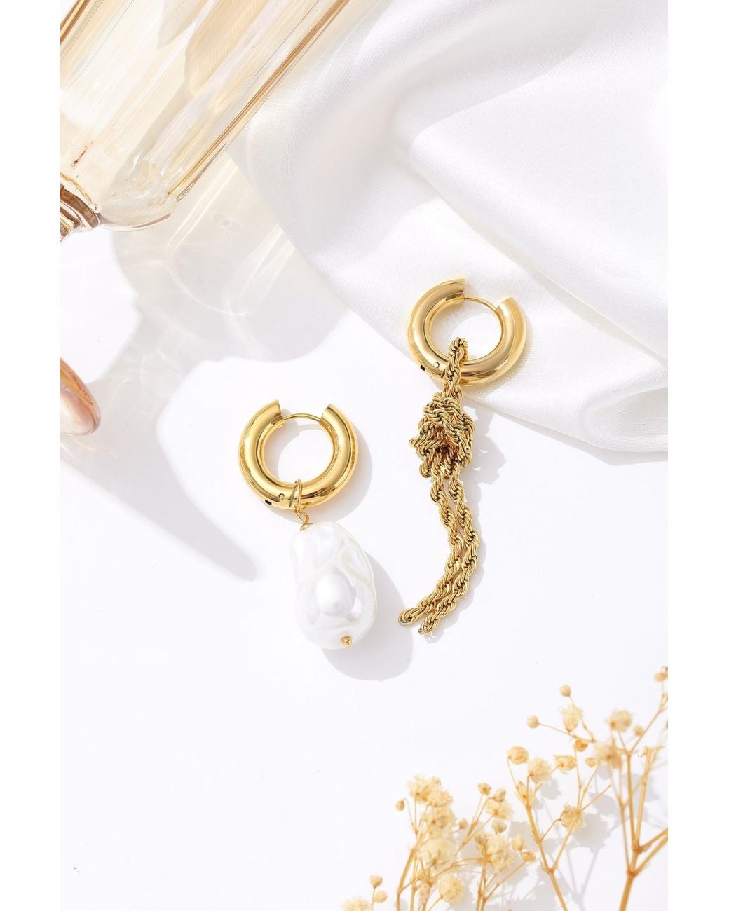 Classicharms Metallic Asymmetrical Rope Chain Baroque Pearl Drop Earrings