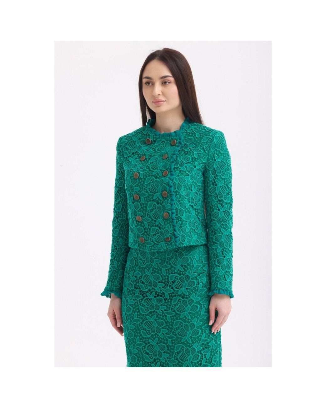 Georgette Green Emerald Lace Cropped Jacket & Midi Skirt Set