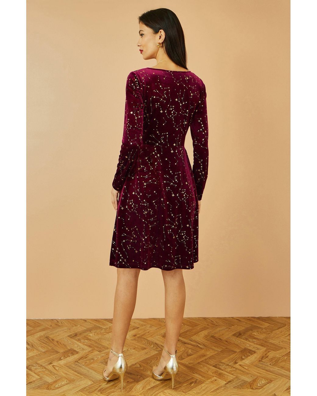 Yumi' Red Burgundy Star Foil Print Long Sleeve Skater Dress