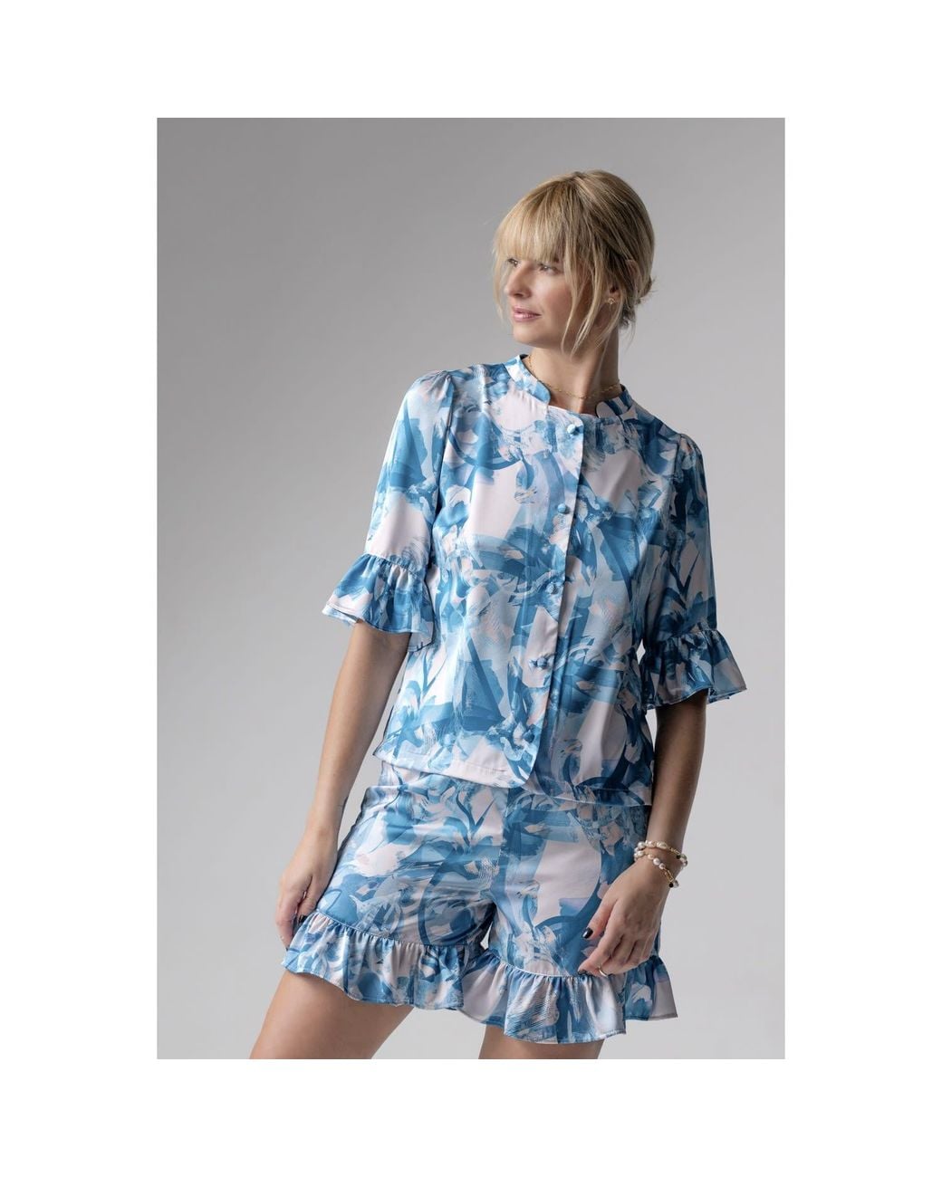 Oh!Zuza Blue Frida Satin Viscose Pyjama Set Frill