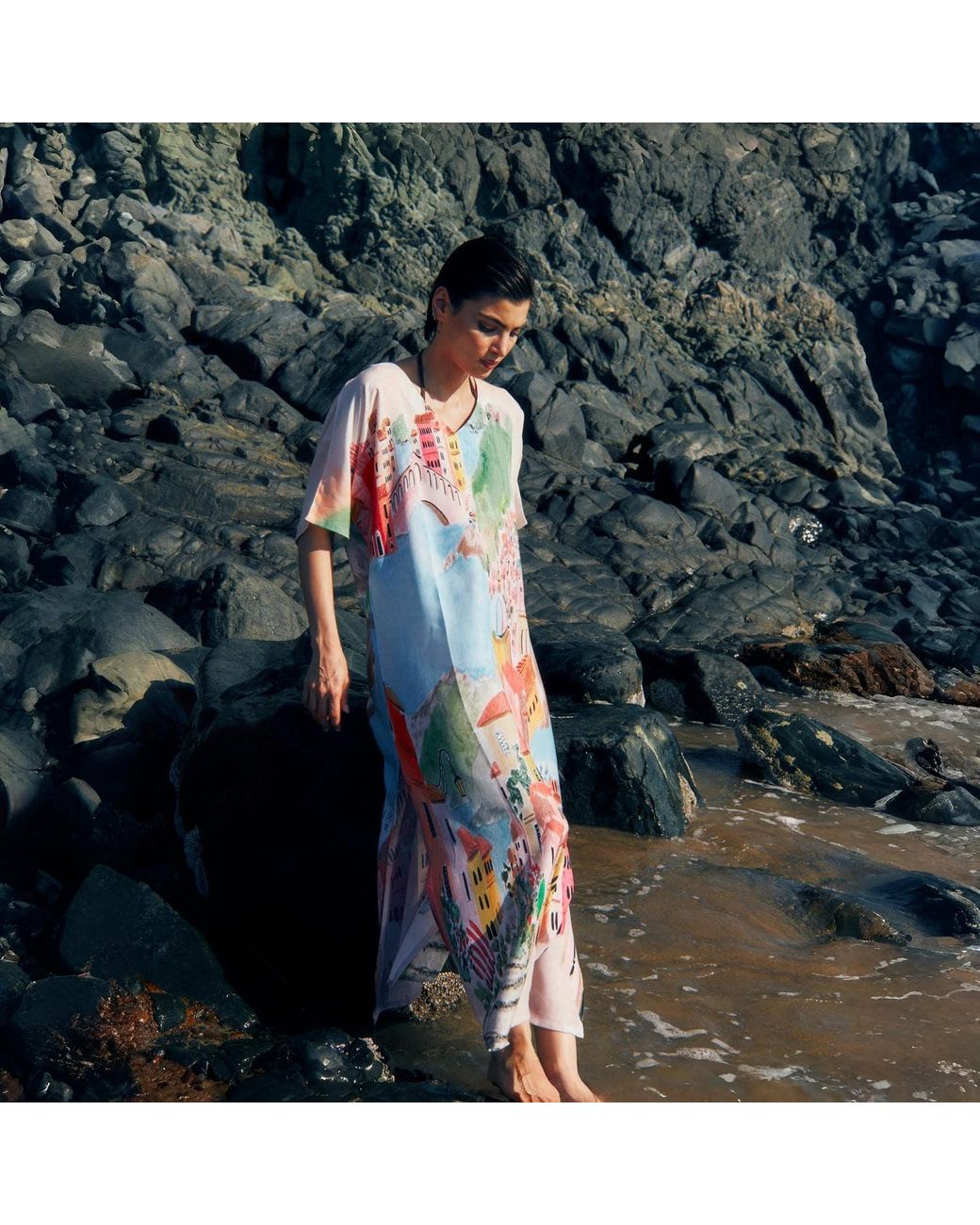 DHARA SHETH DUBAI Multicolor La Riviera Printed Long Kaftan Dress With Side Slits