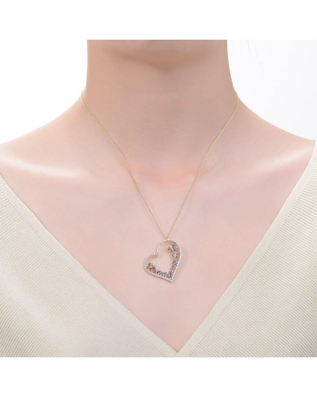 Genevive Jewelry Metallic Rachel Glauber Plated Multi Colored Cubic Zirconia Heart Necklace