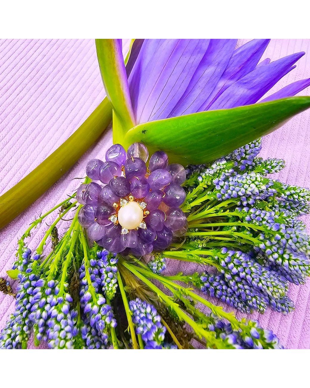 Farra Purple Flower Shaped Amethyst With Freshwater Pearl Brooch