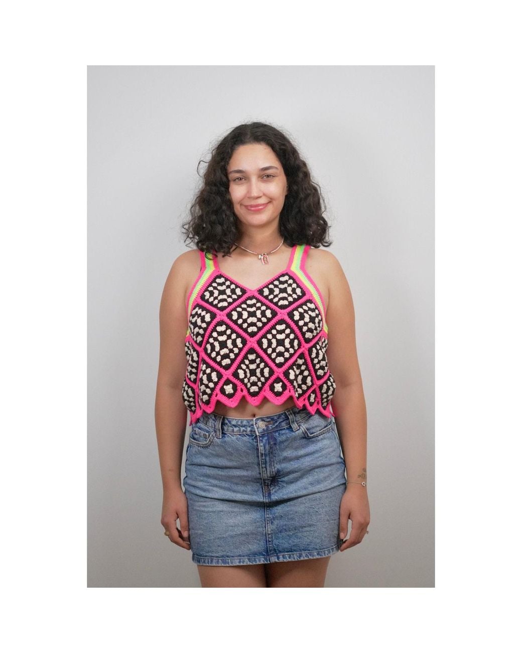 Ana Chic Red Neon Trim Granny Square Handmade Crochet Crop Top