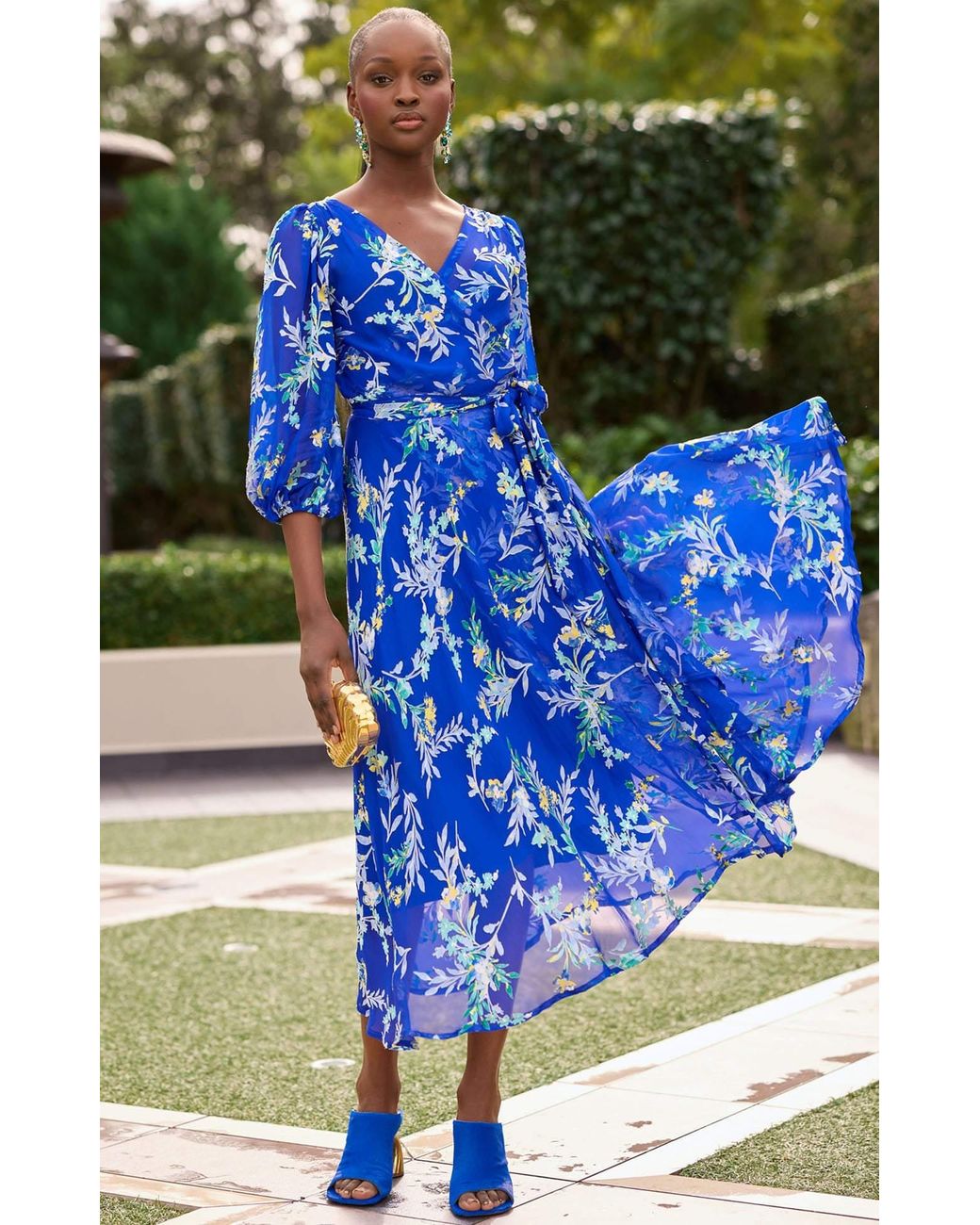SACHA DRAKE Blue Elspeth Silk Rayon Wrap Midi Dress