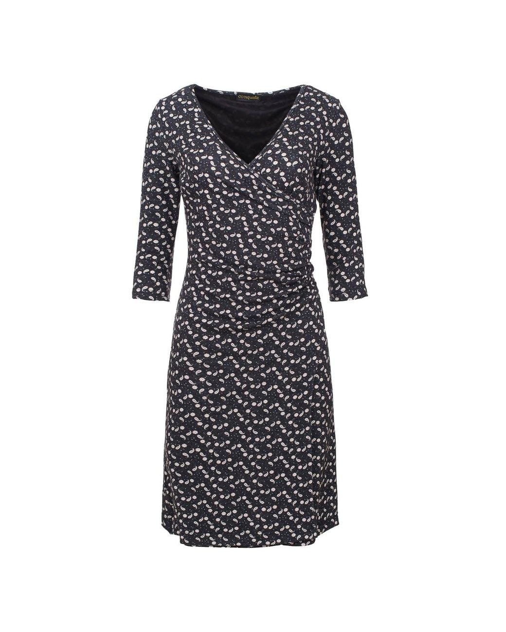 Conquista Black Print Faux Wrap Wool Dress