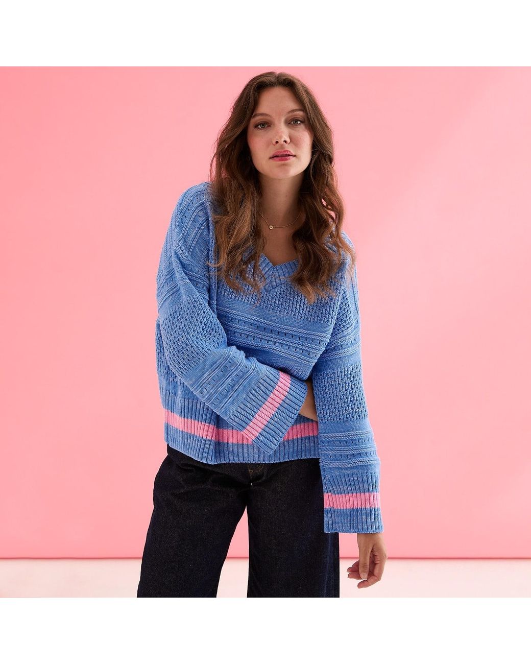 Cara & The Sky Blue Judith Pointelle Stitch V Neck Jumper