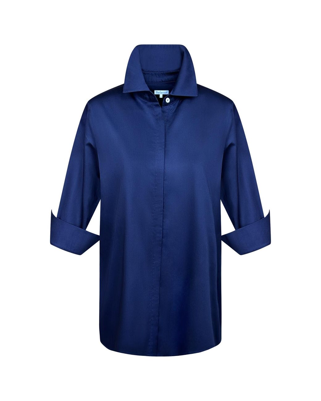 Perlavera Blue Cely Solid Cotton Satin Three Quarter Sleeve Length Missy Fit Shirt