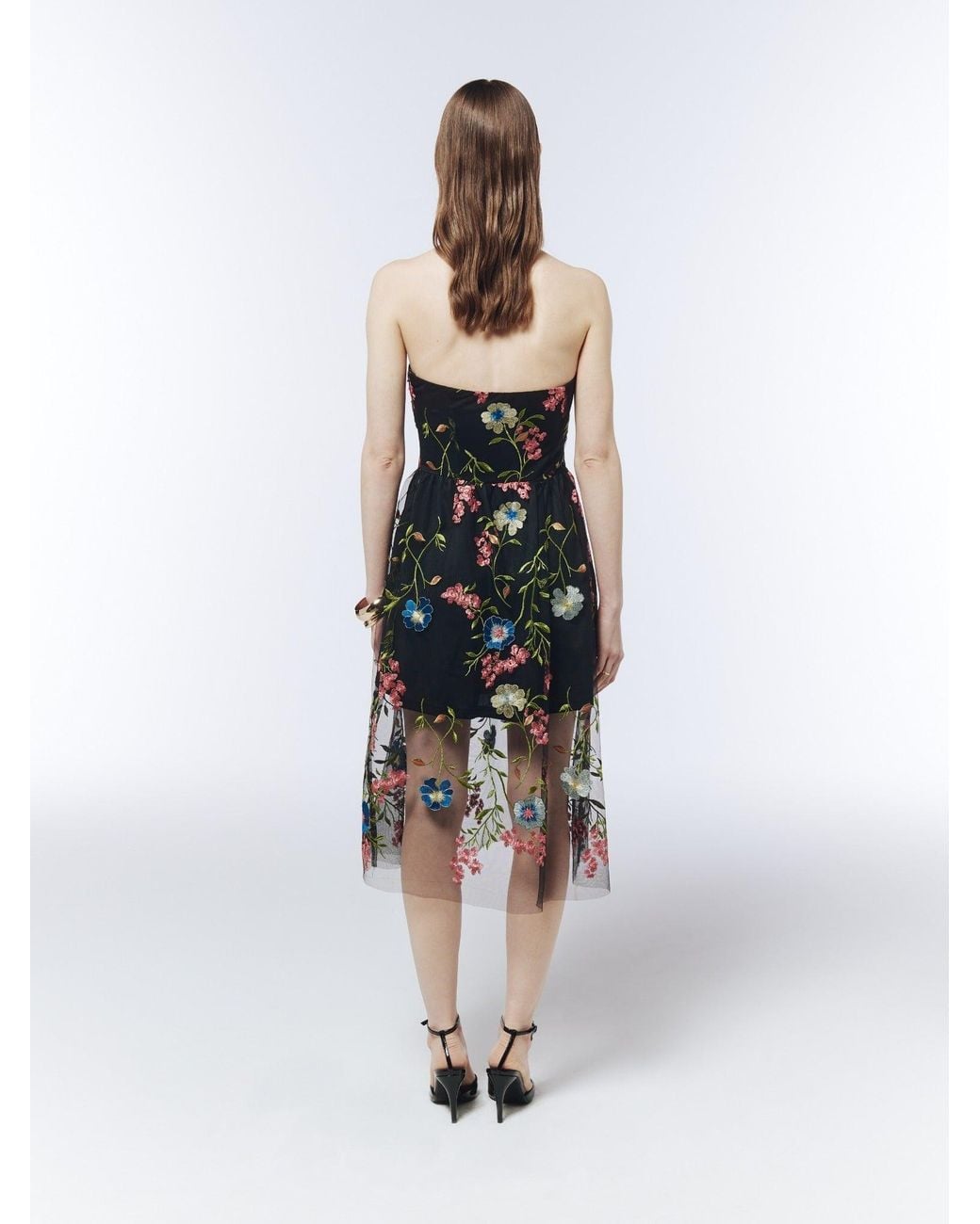 Sour Figs Black Floral-Embroidered Strapless Midi Dress