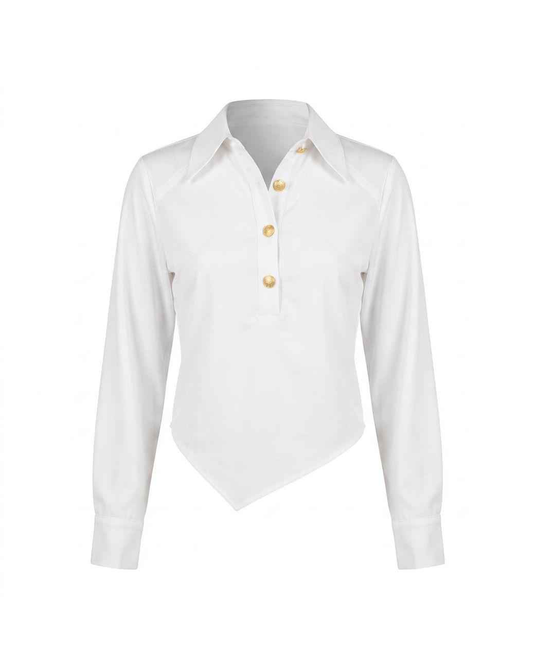 Modenaire White Collared Button Front Blouse With Asymmetrical Hem Detail