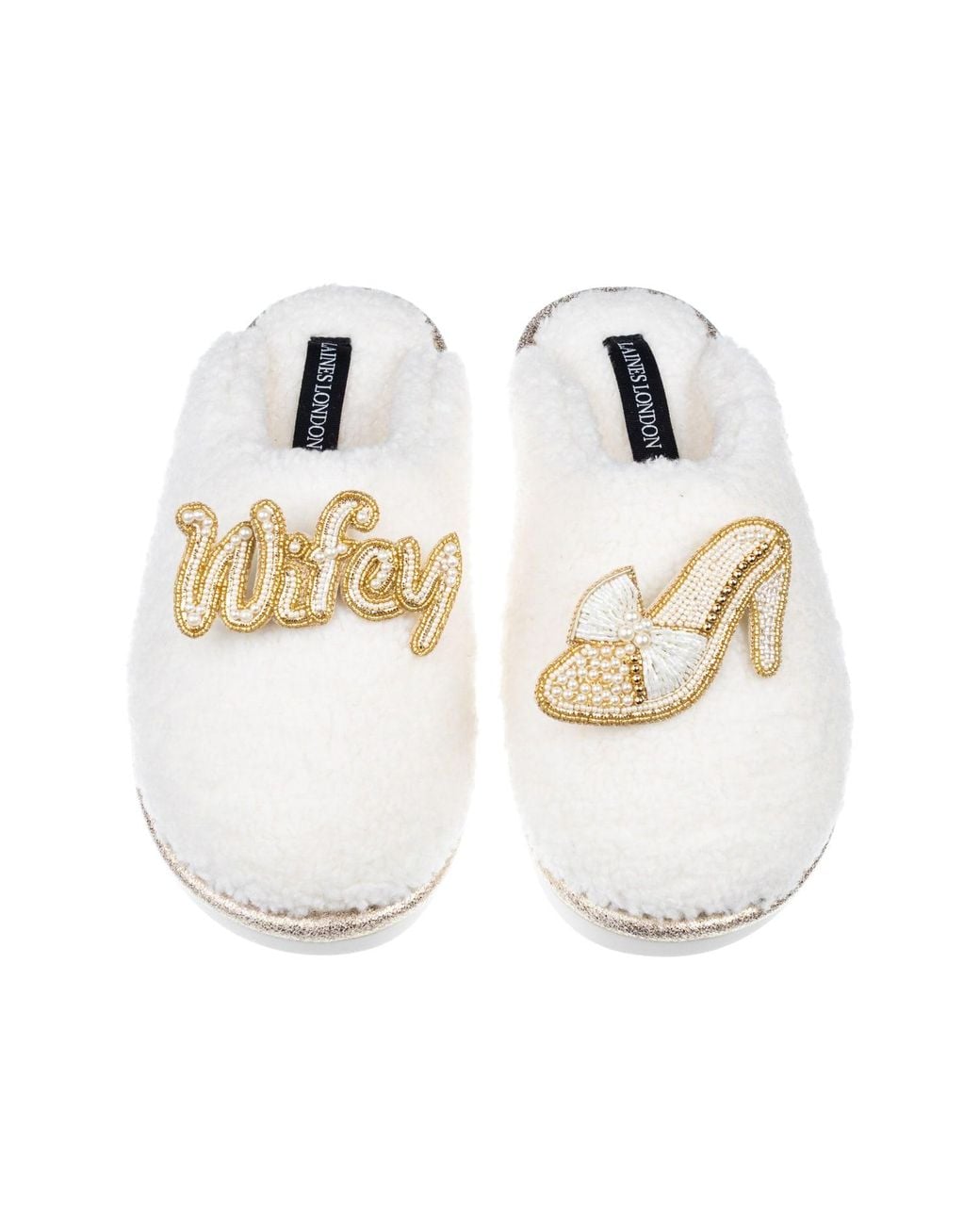 Laines London White Neutrals Teddy Closed Toe Slippers With Wifey & Wedding Heel Brooches
