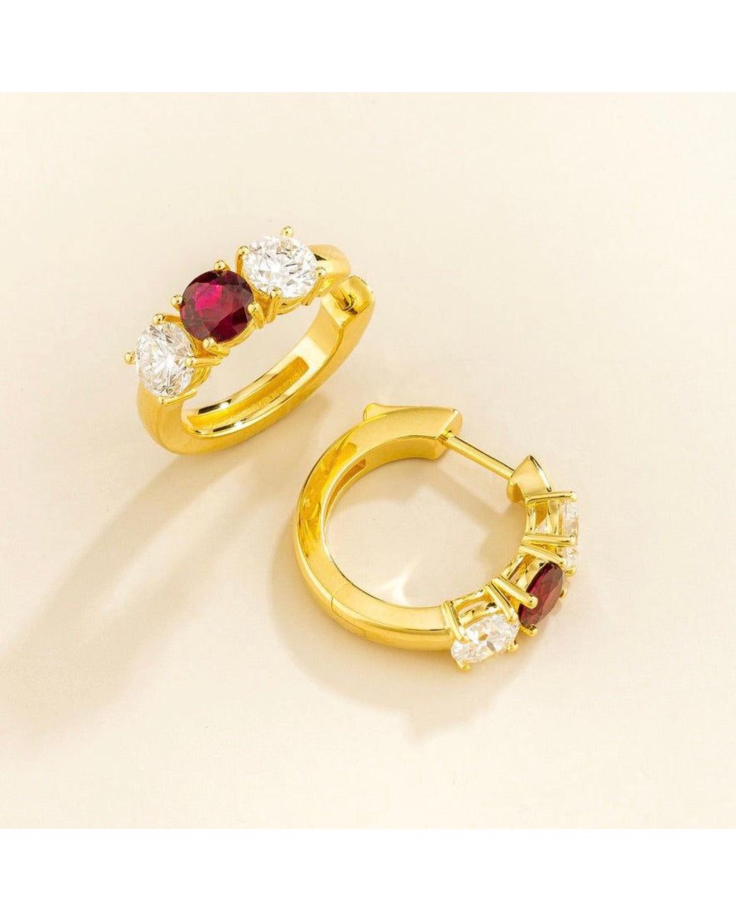 Juvetti Metallic Tres Ruby & Diamond Three-Stone Huggie Hoop Earrings