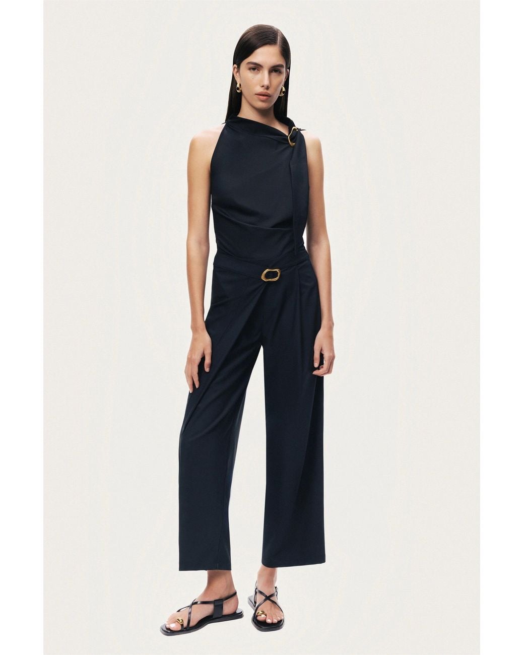 Nocturne Black Asymmetric Buckle-Detail Blouse