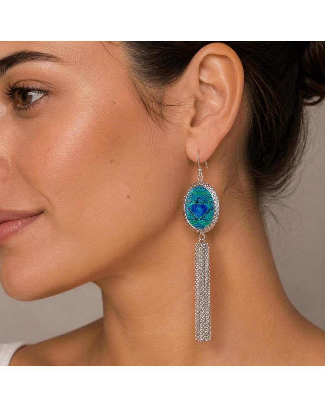 Gold & Honey Blue Oval Printed Tassel Earrings