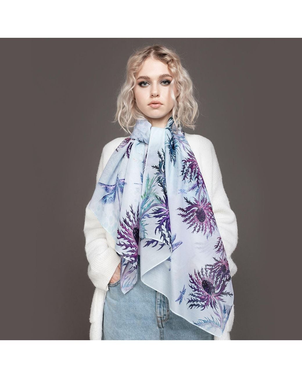 VETKA Blue Neutrals Long Cotton Scarf Sea Holly