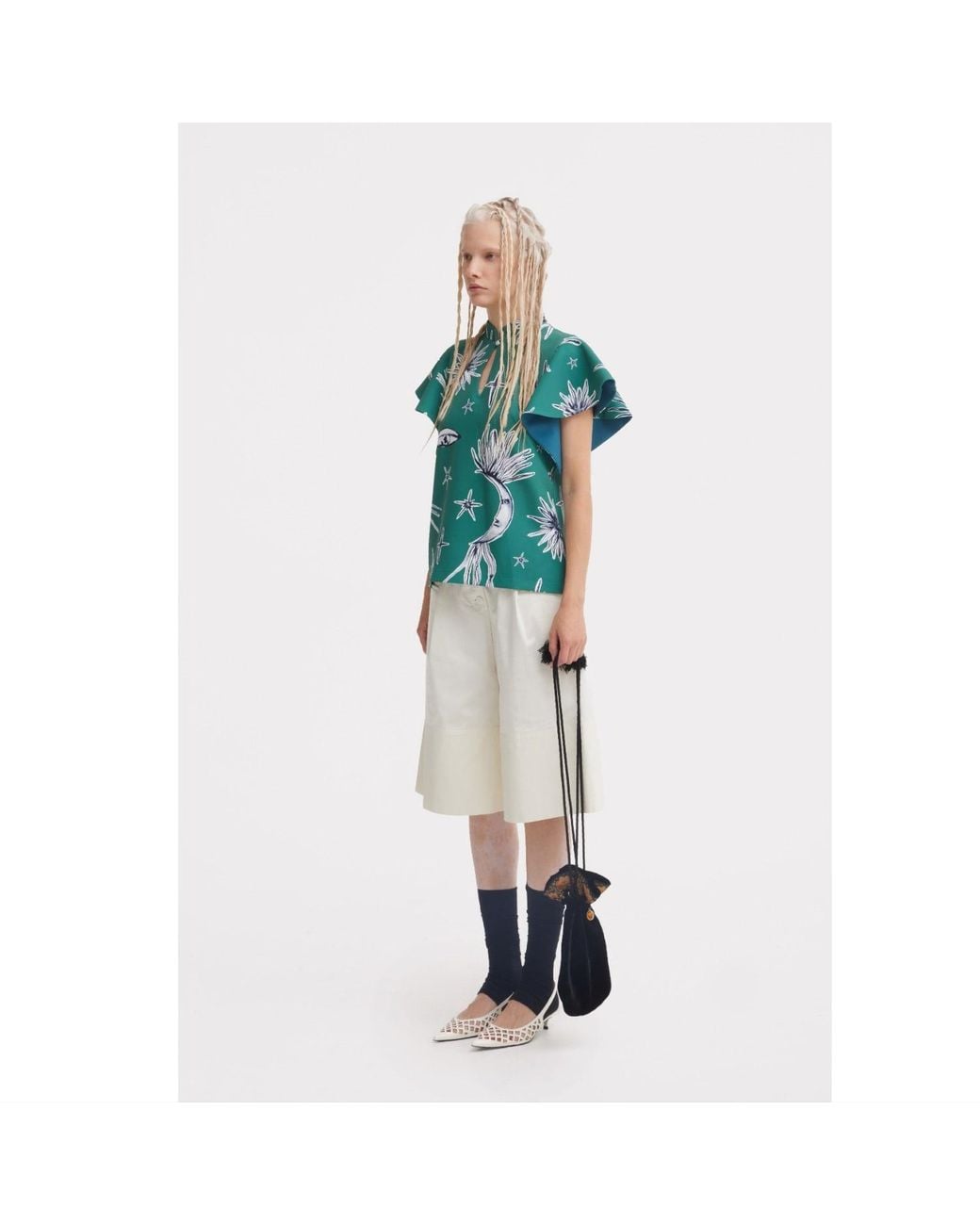 Julia Allert Green Stand Collar Ruffle Sleeve Blouse – Celestial Print