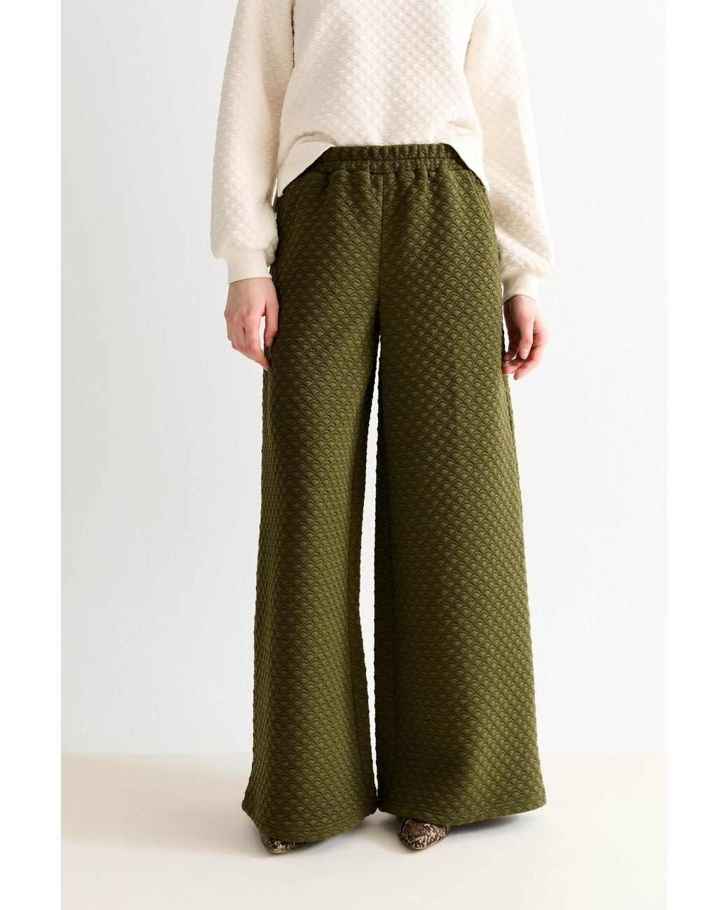 Louche Green Flory Scallop Quilt Wide Leg Trouser