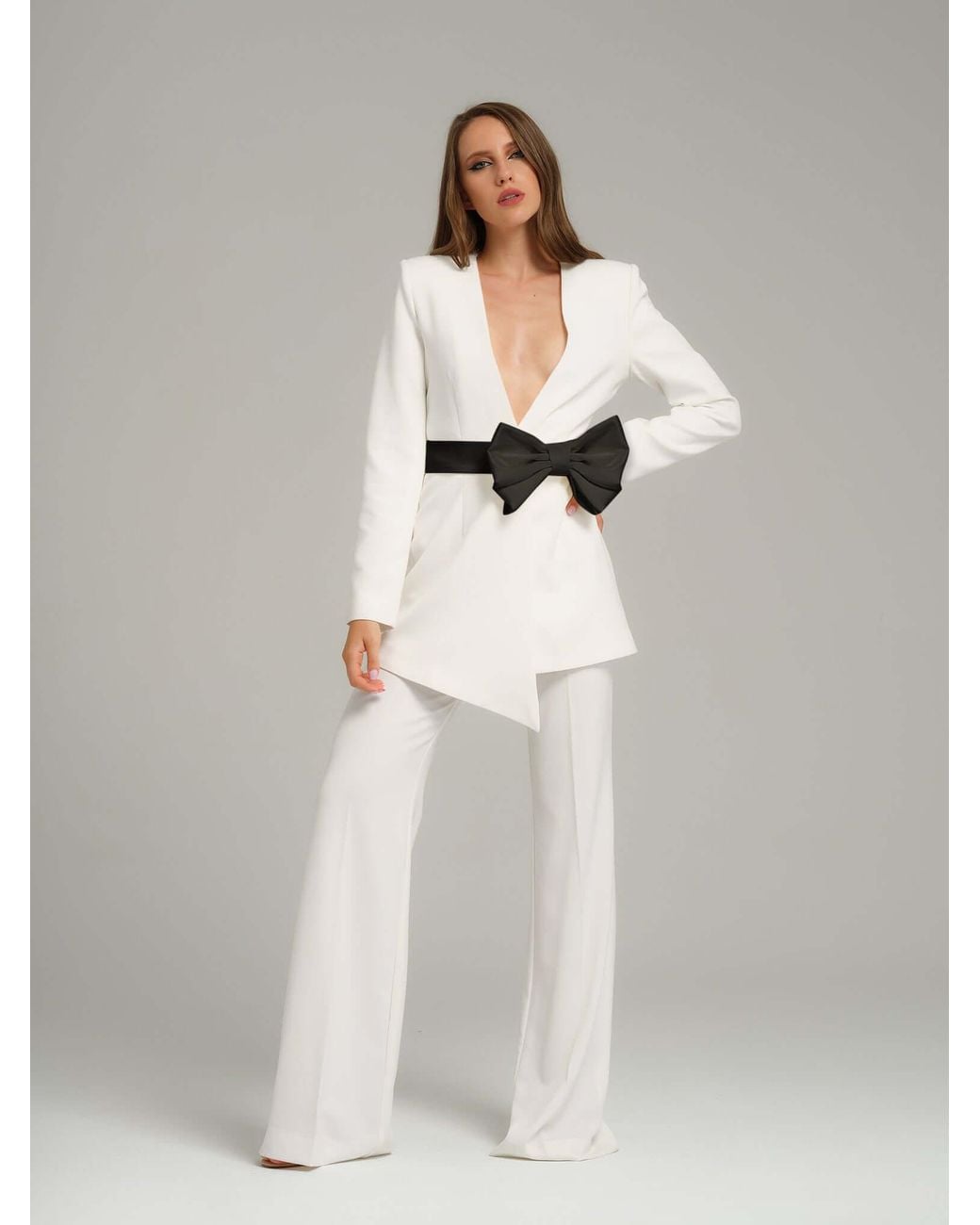 Tia Dorraine White Rare Pearl Power Suit With Detachable Bow Belt
