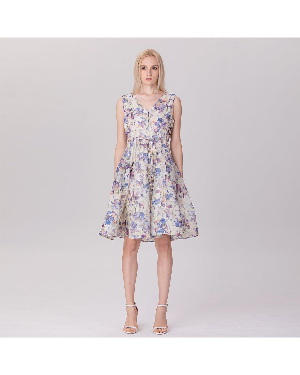 Smart and Joy Multicolor Neutrals Flower Print Sleeveless Tea Organza Dress