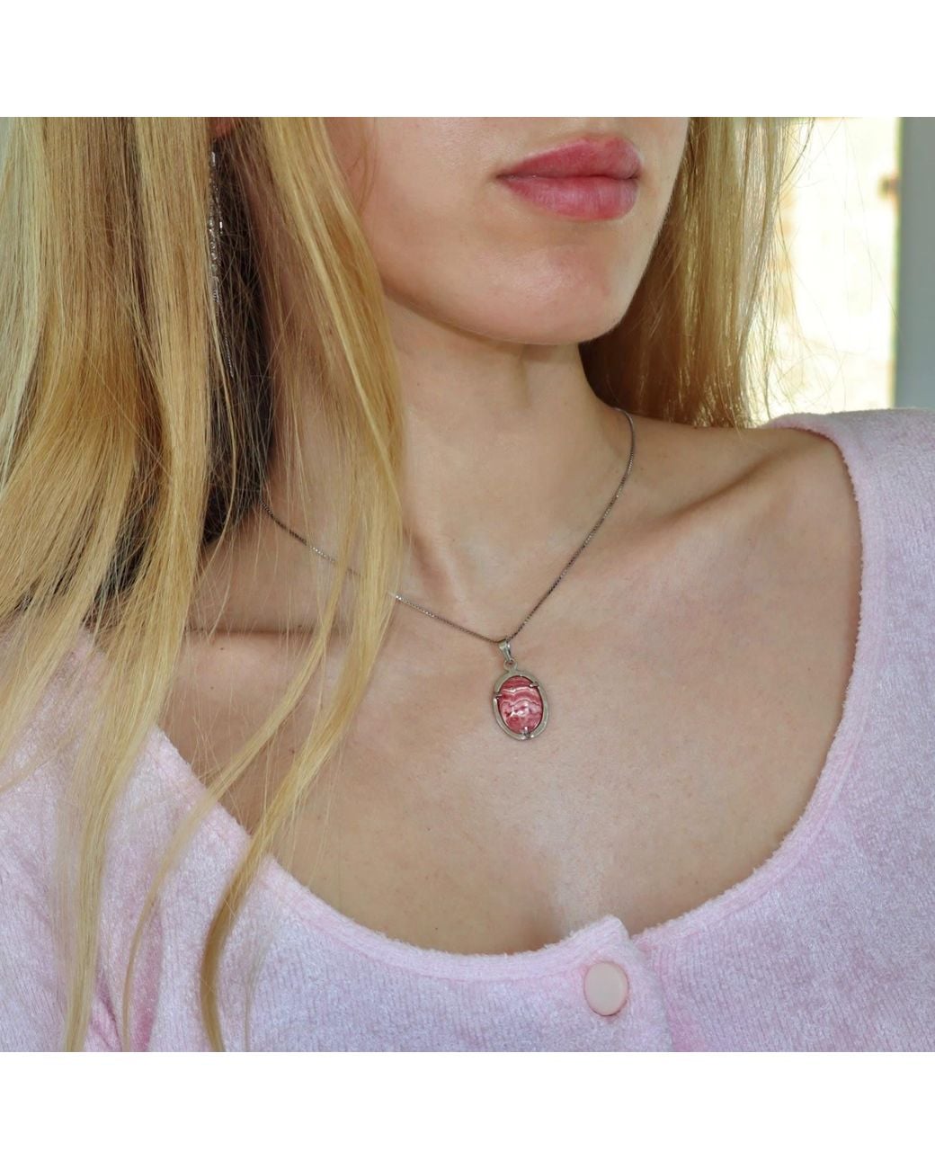 Mineralgems•Studio Pink Rhodochrosite Pendant With Sterling Chain