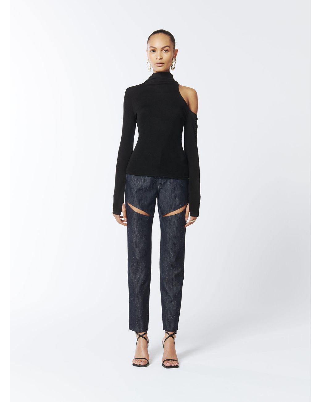 Sour Figs Black Asymmetric One-Shoulder Cutout Turtleneck Knit Top