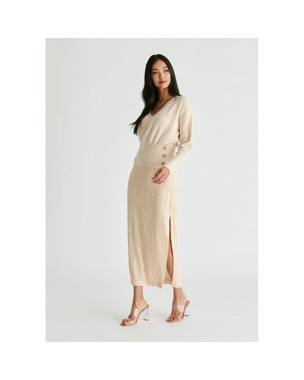 Paisie Natural Neutrals Knitted Wrap Top With Side Buttons