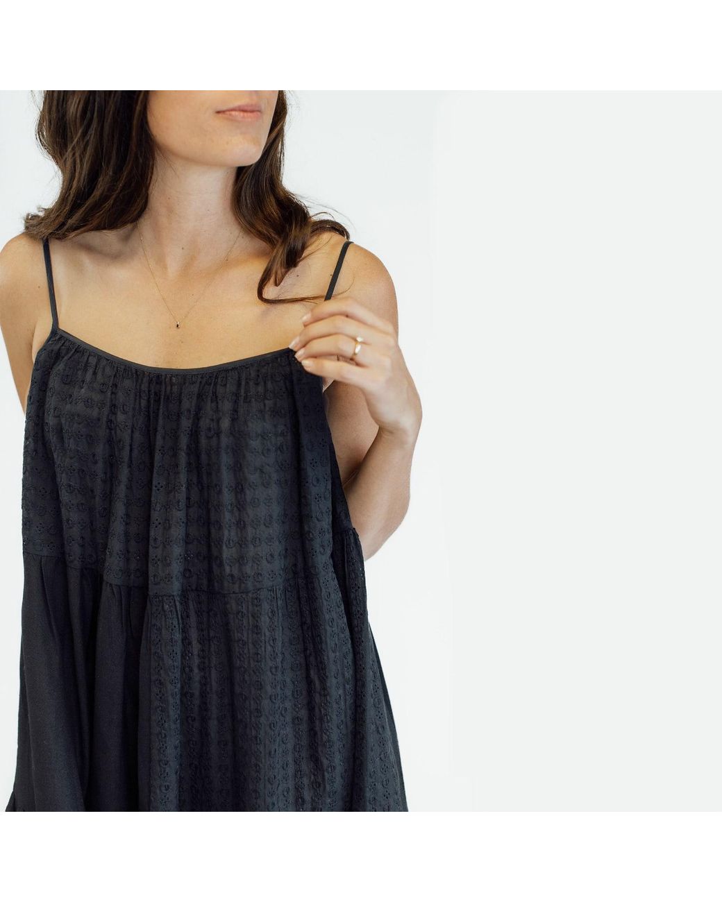 Zenzee Black Cotton Linen Tiered Patchwork Slip Dress