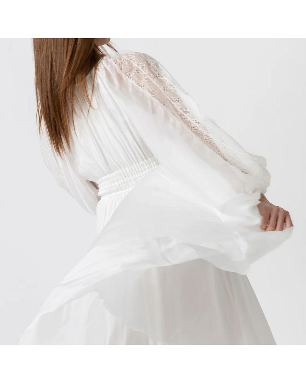 IZABELA MANDOIU White Midi Silk Voile Dress With Macramé Insets And Adjustable Waist