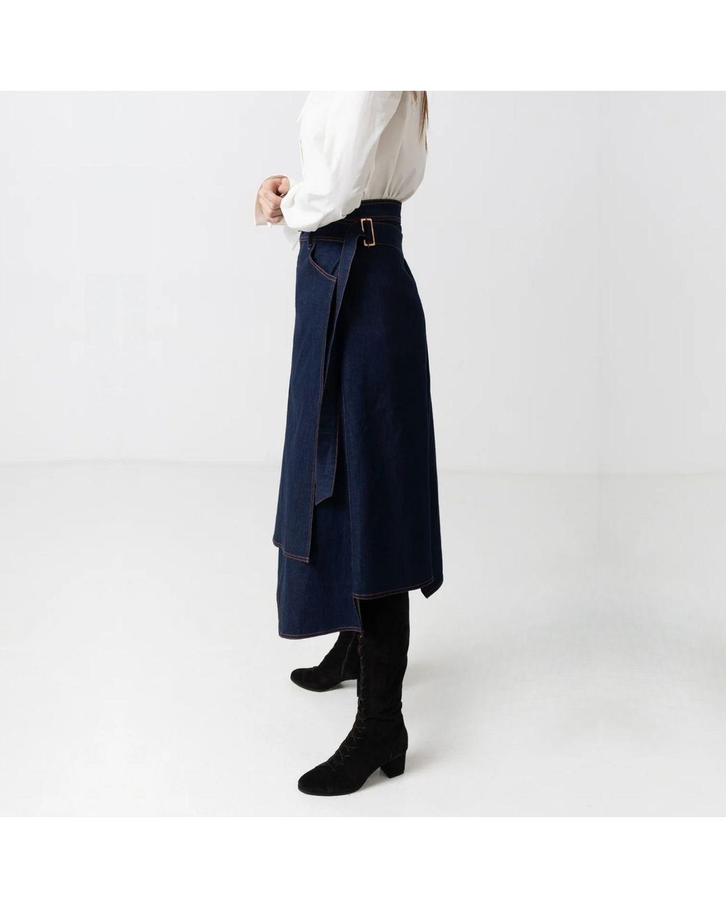 IZABELA MANDOIU Blue Denim Wrap Skirt With Rose Floral Embroidery