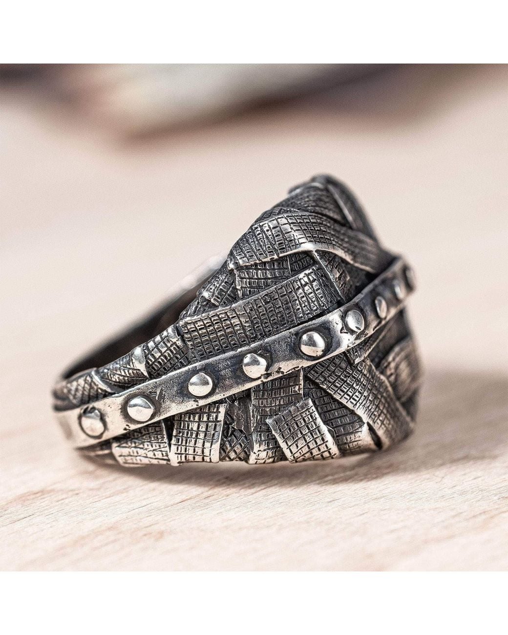 German Kabirski Metallic Gridlock Oxidized Ring With Layered Wrapped Metal Look for men