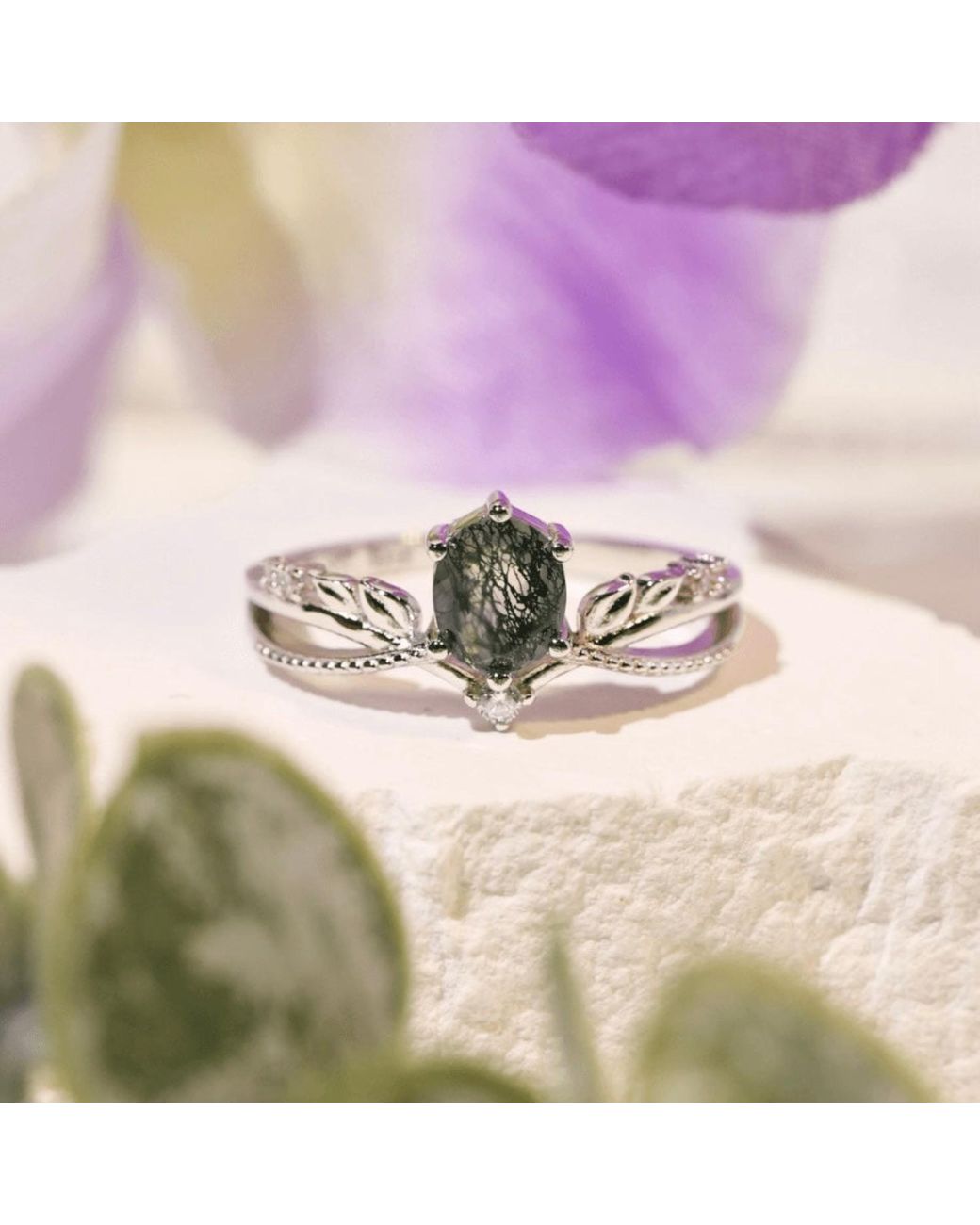 Azura Jewelry New York Green Calla Lily Moss Agate Ring Vermeil