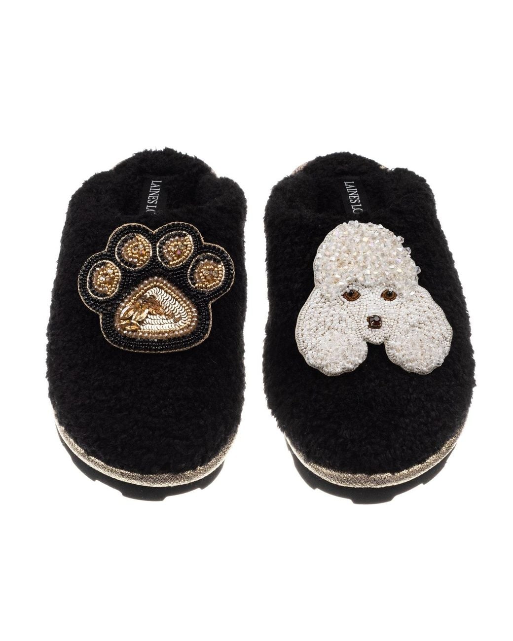 Laines London Black Teddy Closed Toe Slippers With Pearl The Poodle & Paw Brooches