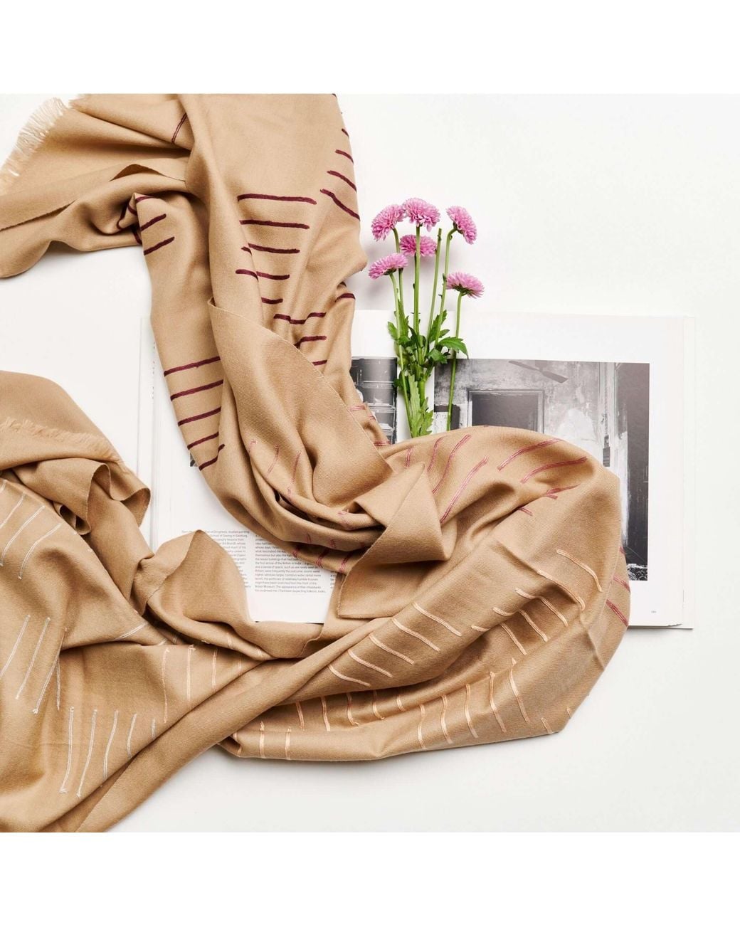 Variously Natural Maple Handwoven Hand Embroidered Classic Scarf