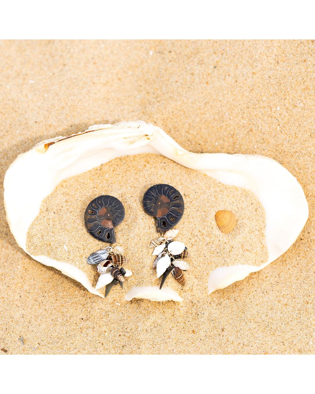 Oana Savu Black Neutrals Sea Treasures Ammonite Shells Shark Teeth Fossils & One Of A Kind Earrings