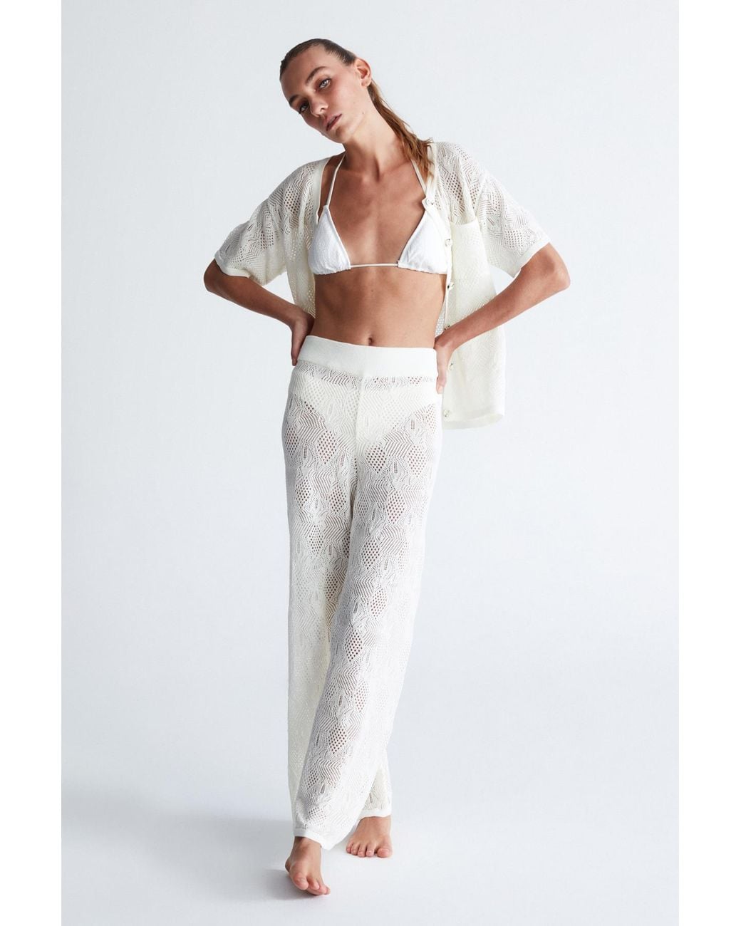 Peraluna White Emma Lace Knit Flared Trouser