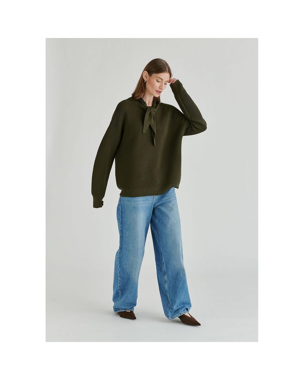 Paisie Green Ribbed Jumper With Attached Scarf Tie