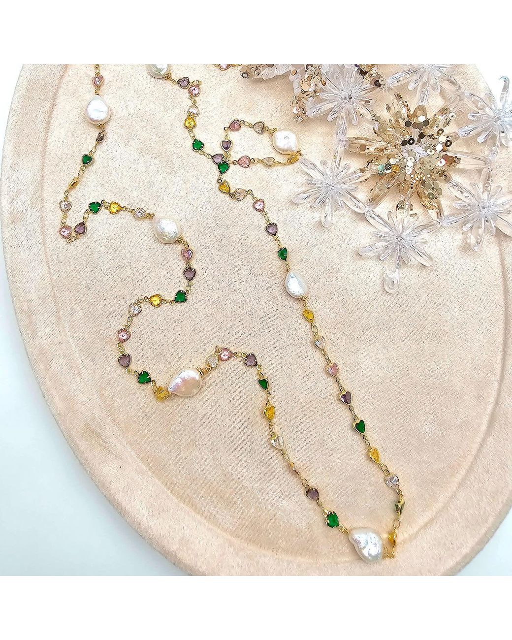Farra White Colorful Heart Zircon Chain With Baroque Pearls Long Station Necklace