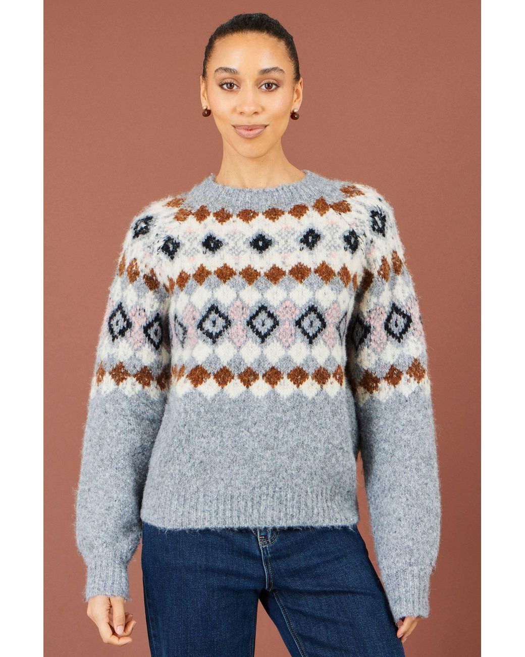 Yumi' Gray Fairisle Wool Blend Relaxed Jumper