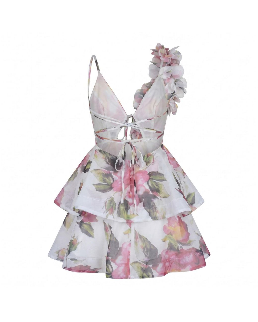 Modenaire Pink Floral Printed Mini Dress With Ruffle Layers And Tie Waist