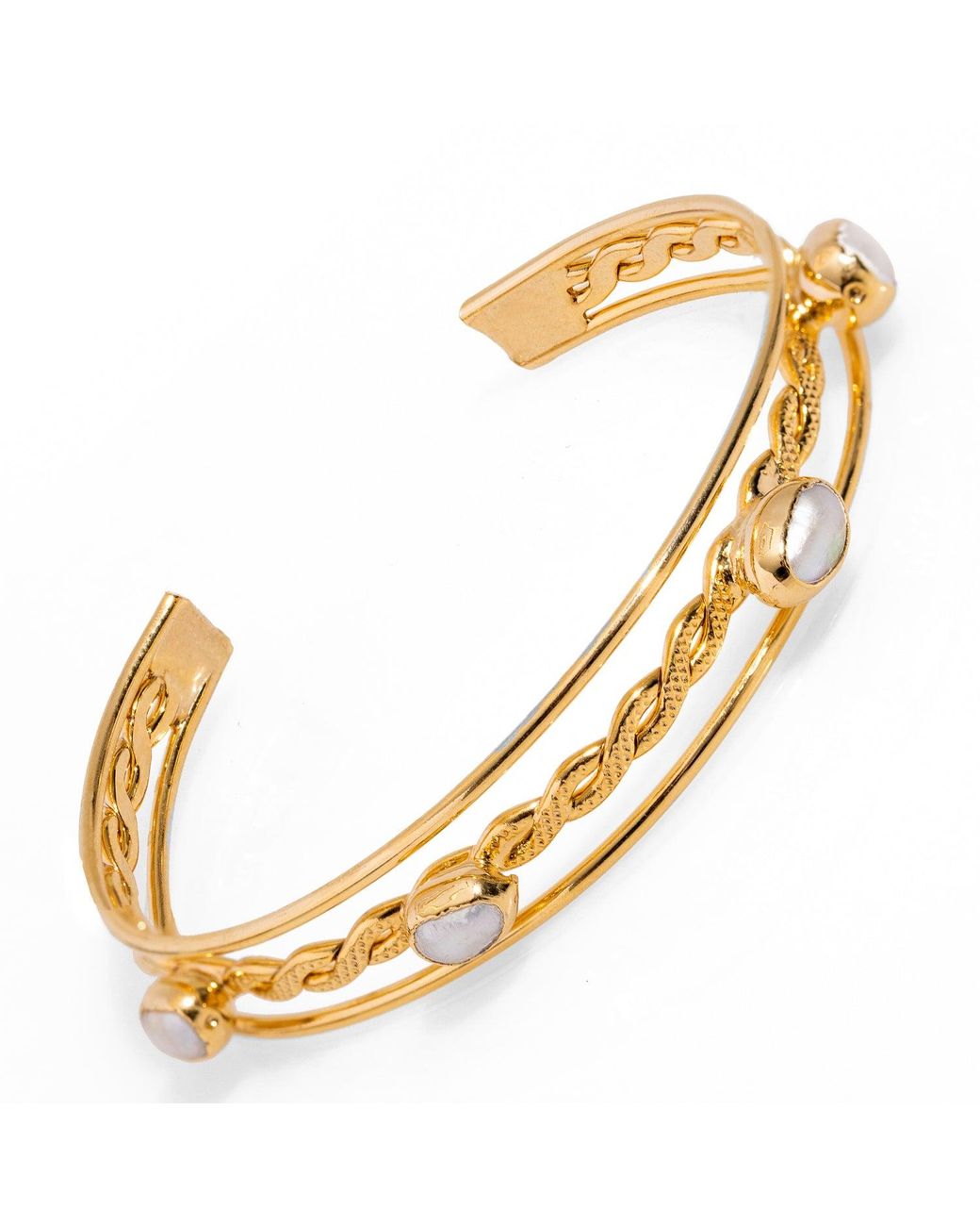 Ebru Jewelry Metallic Pearl Twisted Gold Cuff Bracelet