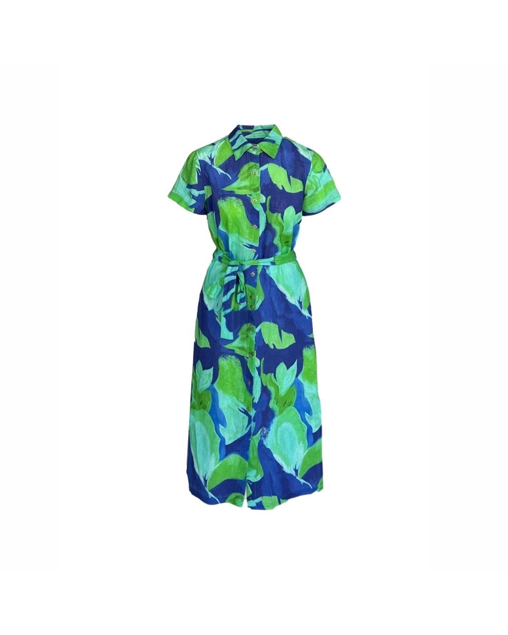 Haris Cotton Green Short-Sleeved Printed Linen Shirtdress Lagoon