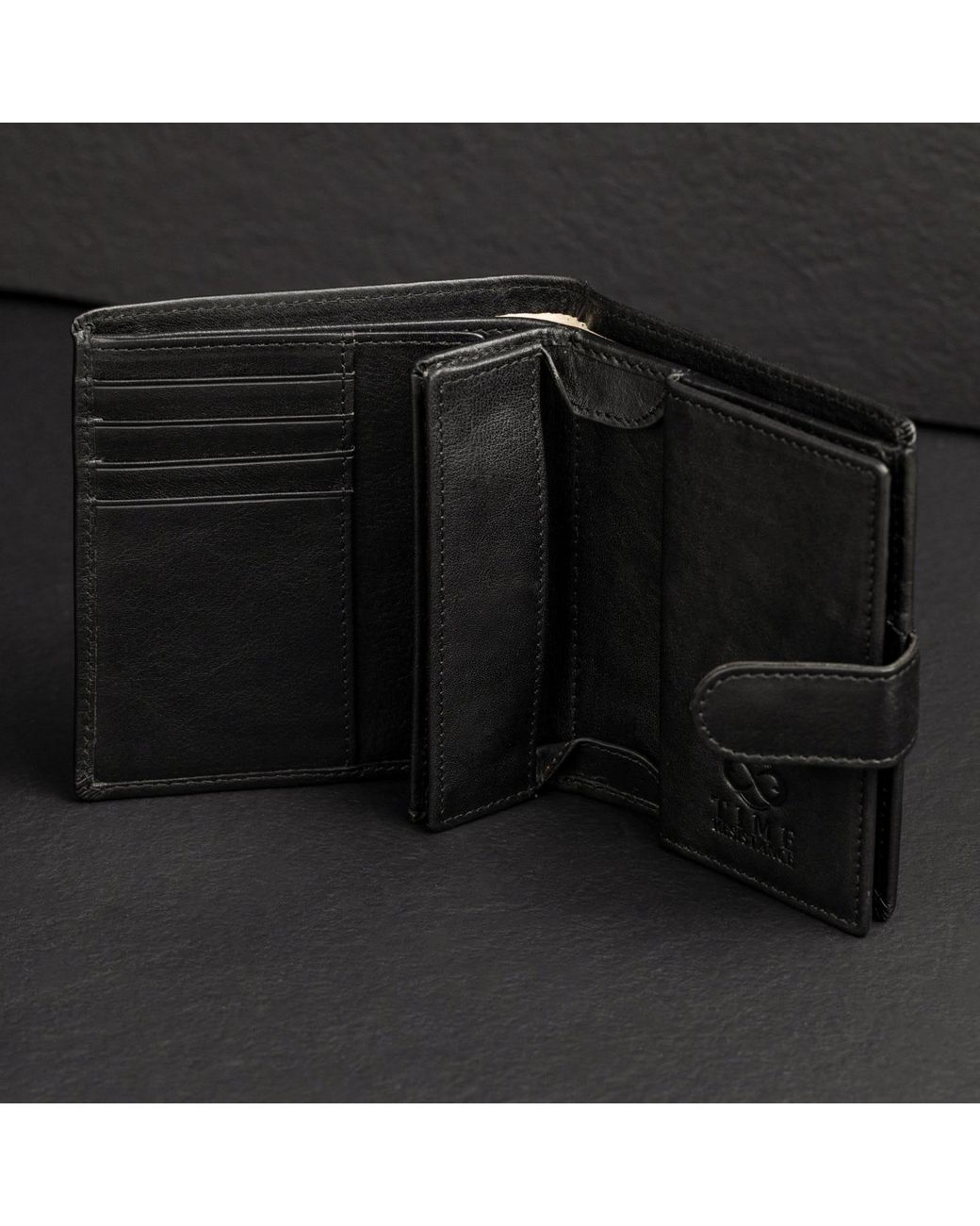 Time Resistance Black Leather Bifold Wallet With A Snap Closure for men
